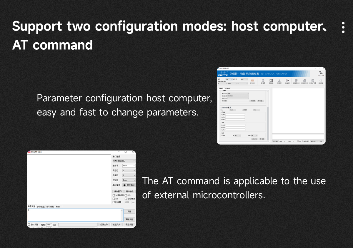 Support two configuration modes: host computer,AT command